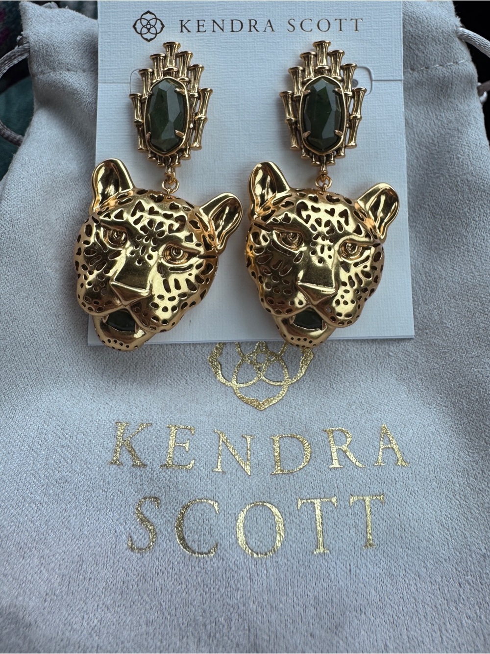 Kendra Scott Preppy Golden Jaguar bold Statement earrings green serpentine stone
